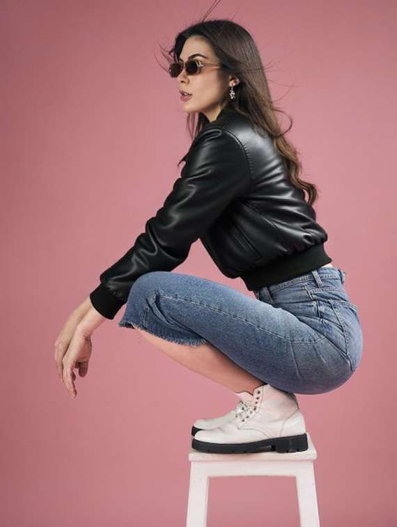 women black solid long sleeve leather jacket - 22224379 -  Standard Image - 2