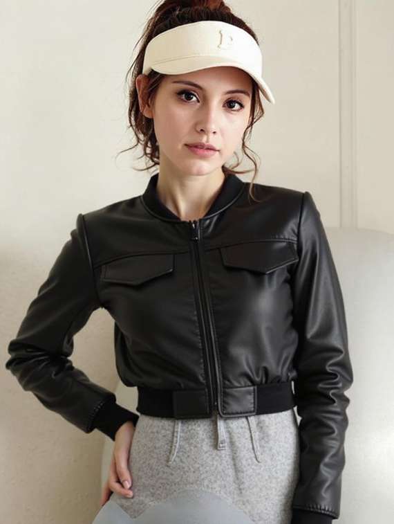 women black solid long sleeve leather jacket