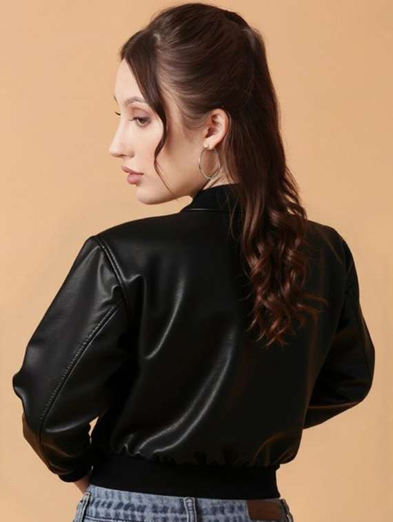 women black solid long sleeve leather jacket - 22224381 -  Standard Image - 2