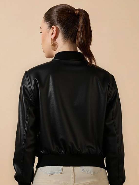 women black solid long sleeve leather jacket - 22224382 -  Standard Image - 2