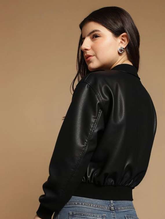 women black solid long sleeve leather jacket - 22224383 -  Standard Image - 2