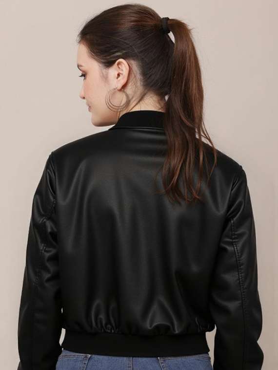 women black solid long sleeve leather jacket - 22224386 -  Standard Image - 2