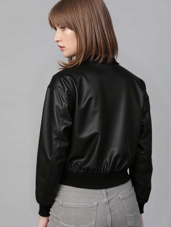 women black solid long sleeve leather jacket - 22224391 -  Standard Image - 2