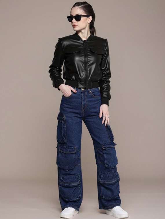 women black solid long sleeve leather jacket - 22224392 -  Standard Image - 2