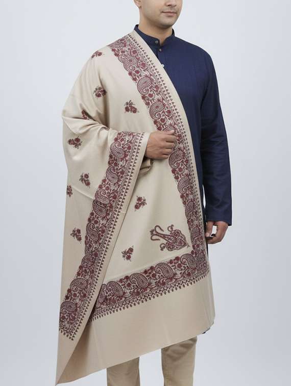 men solid with work pashmina shawl - 22224445 -  Standard Image - 2