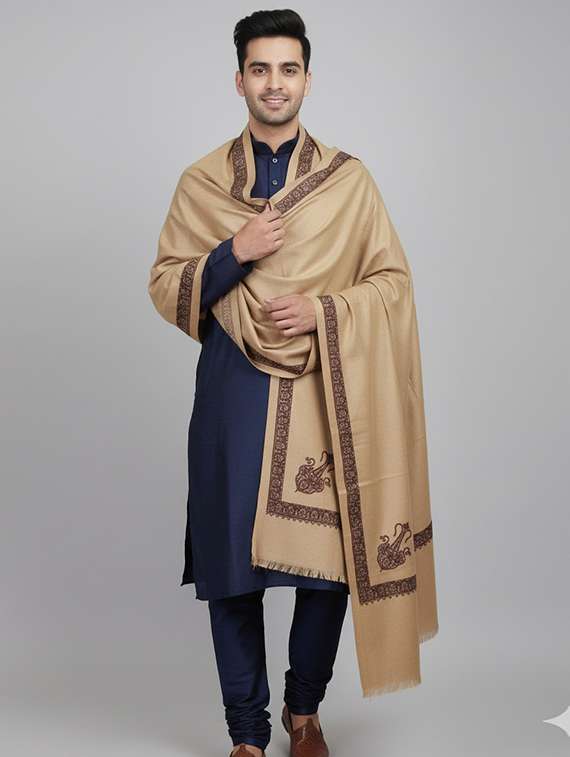 men solid with work pashmina shawl - 22224514 -  Standard Image - 2