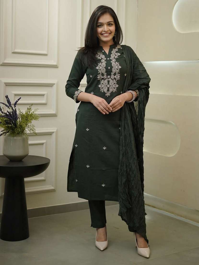 women solid with work three quarter sleeve kurta pant with dupatta set - 22224537 -  Standard Image - 2