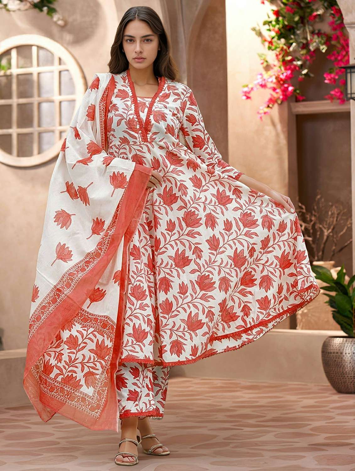 women floral three quarter sleeve kurta pant with dupatta set