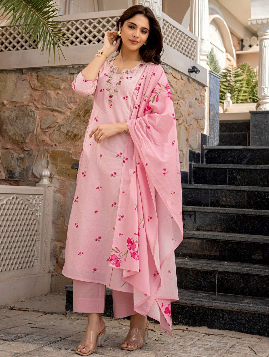 women floral three quarter sleeve kurta pant with dupatta set - 22224542 -  Standard Image - 2