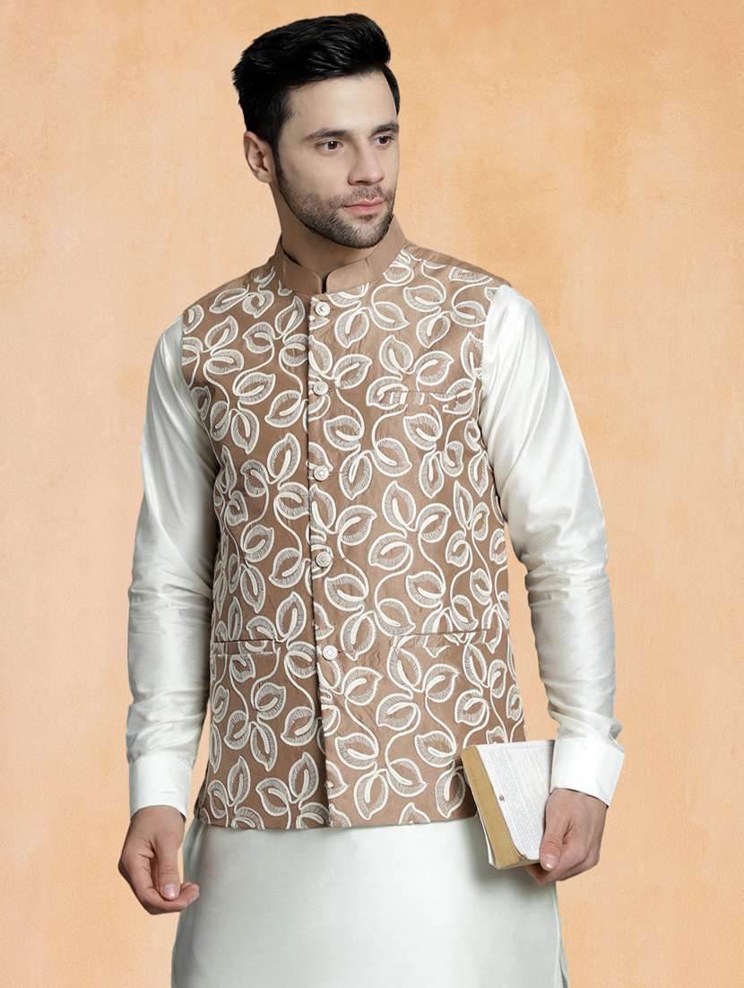 men solid with work mandarin neck regular fit nehru jacket - 22224546 -  Standard Image - 2