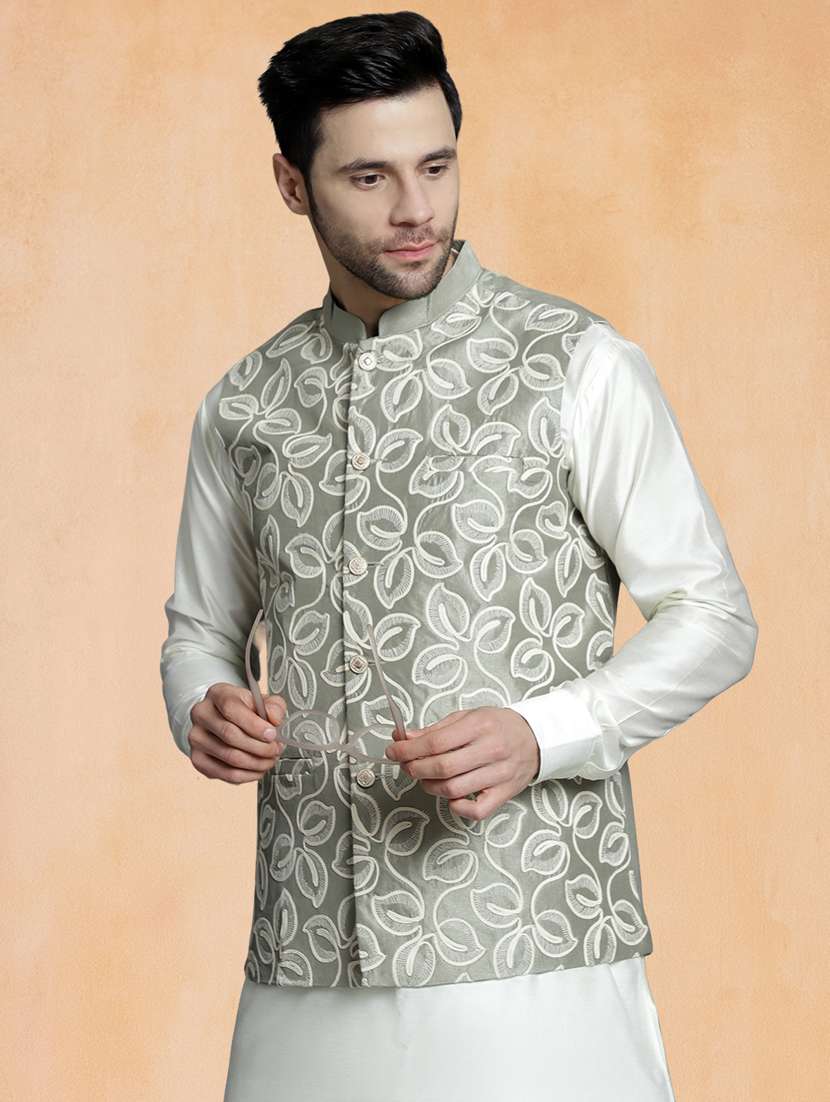 men solid with work mandarin neck regular fit nehru jacket - 22224547 -  Standard Image - 2