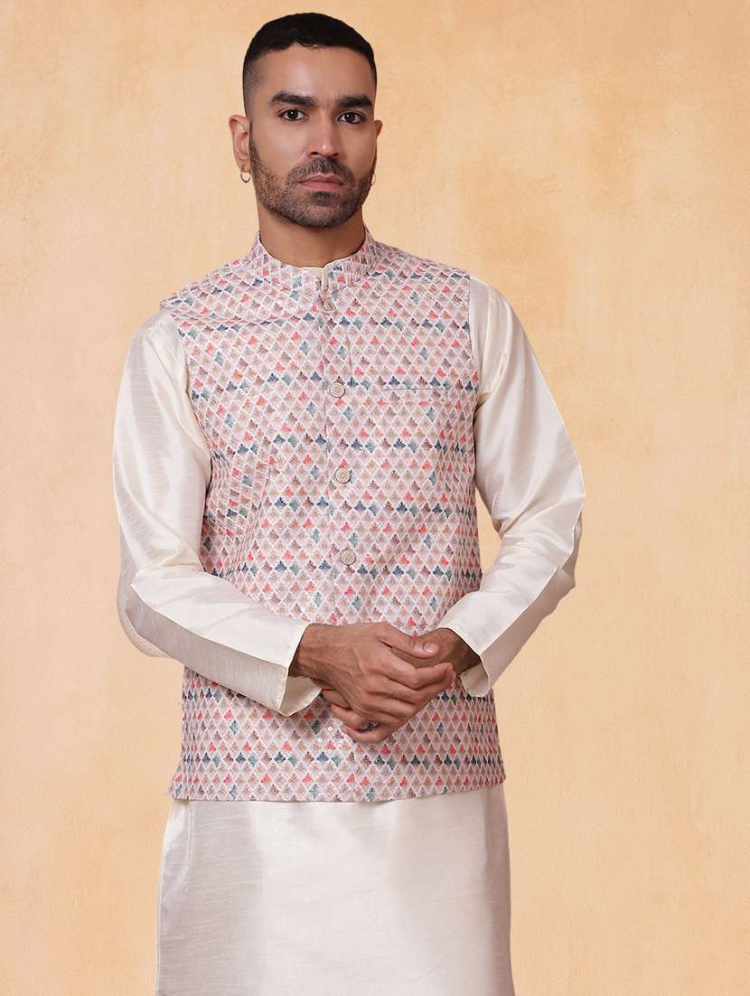 men printed mandarin neck regular fit nehru jacket - 22224550 -  Standard Image - 2