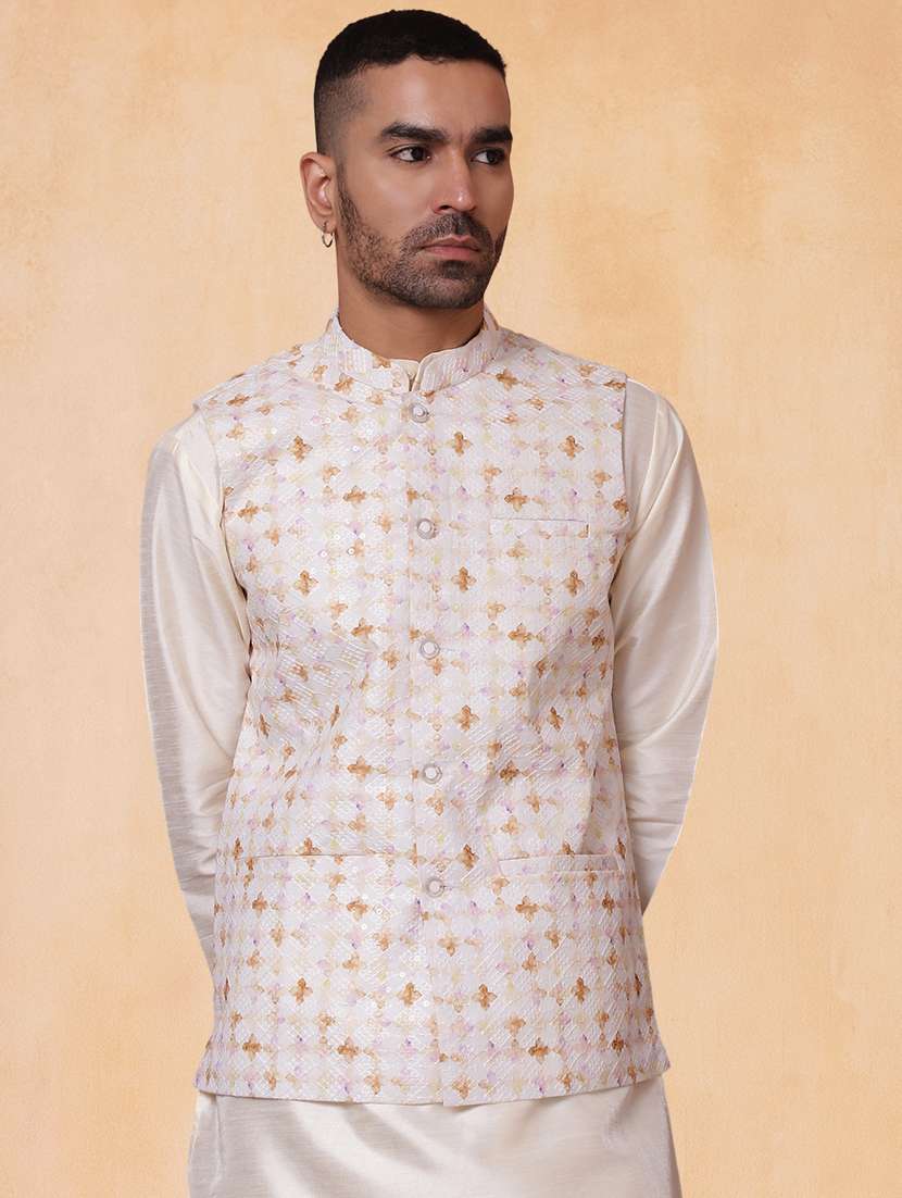 men printed mandarin neck regular fit nehru jacket - 22224551 -  Standard Image - 2