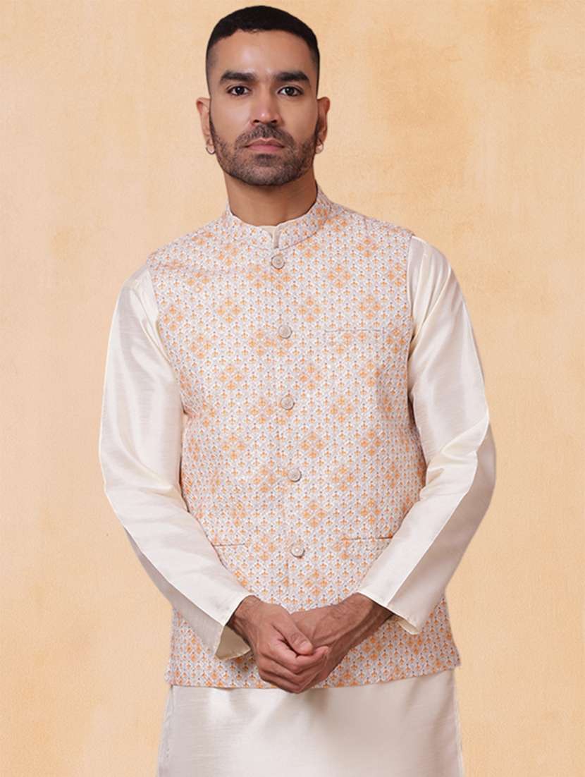 men printed mandarin neck regular fit nehru jacket