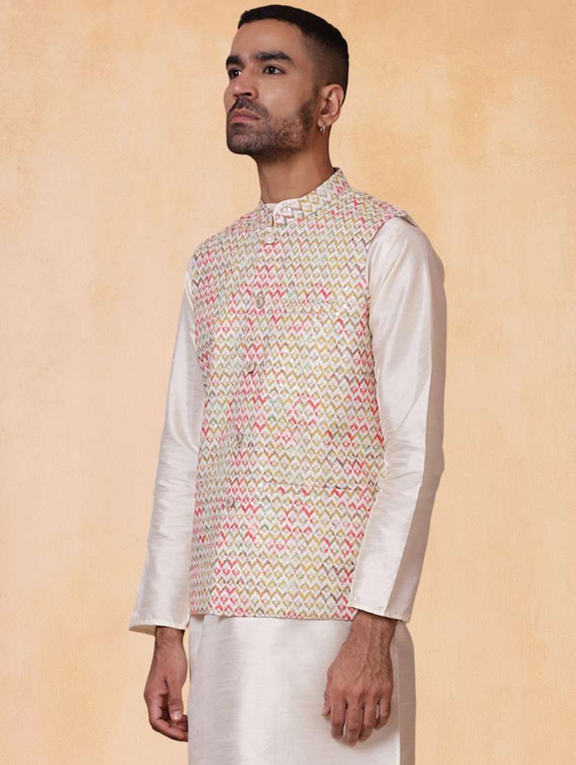 men printed mandarin neck regular fit nehru jacket - 22224553 -  Standard Image - 2