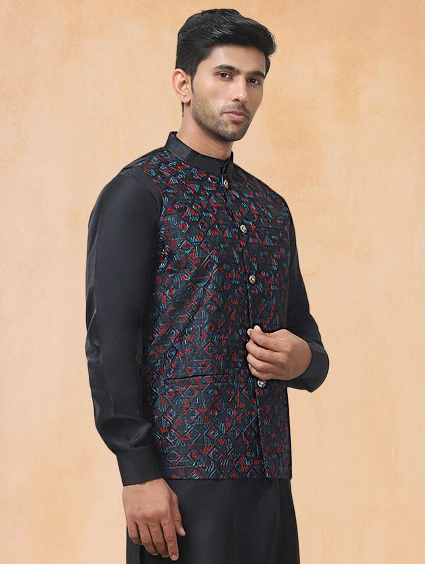 men solid with work mandarin neck regular fit nehru jacket - 22224554 -  Standard Image - 2