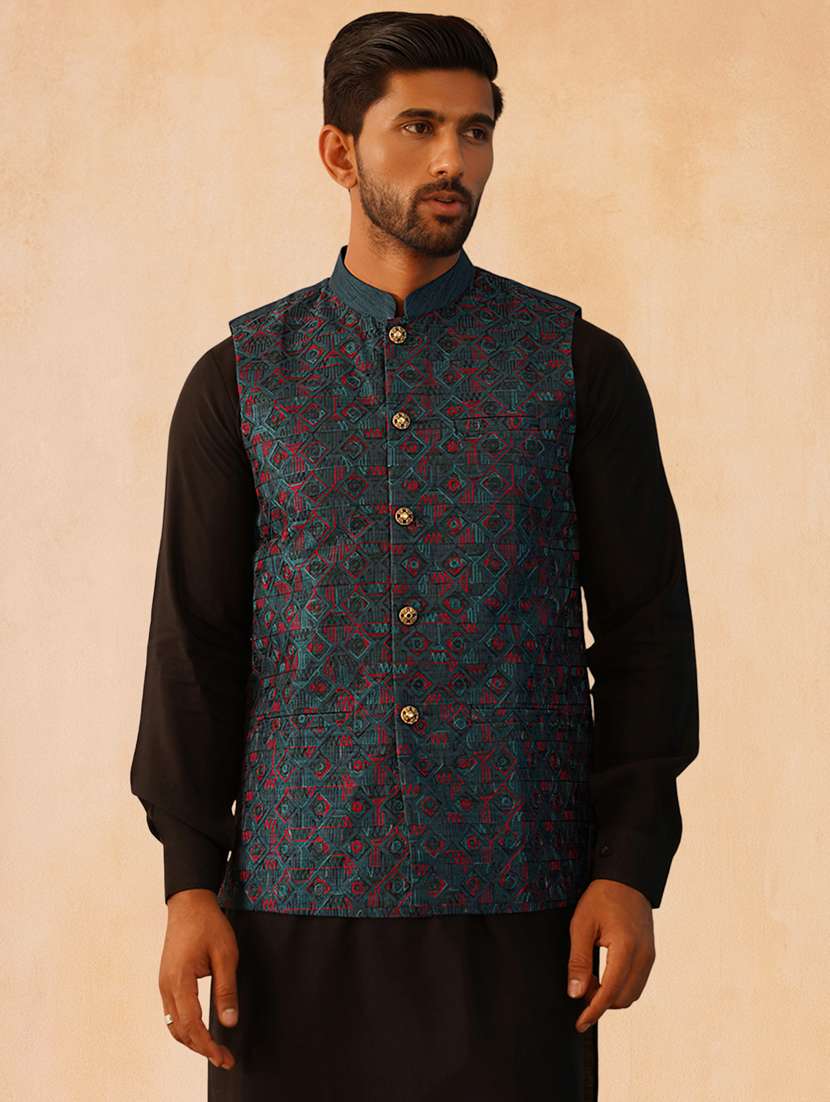 men solid with work mandarin neck regular fit nehru jacket - 22224555 -  Standard Image - 2