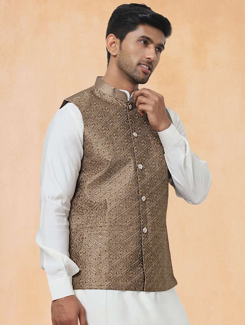 men solid with work mandarin neck regular fit nehru jacket - 22224556 -  Standard Image - 2