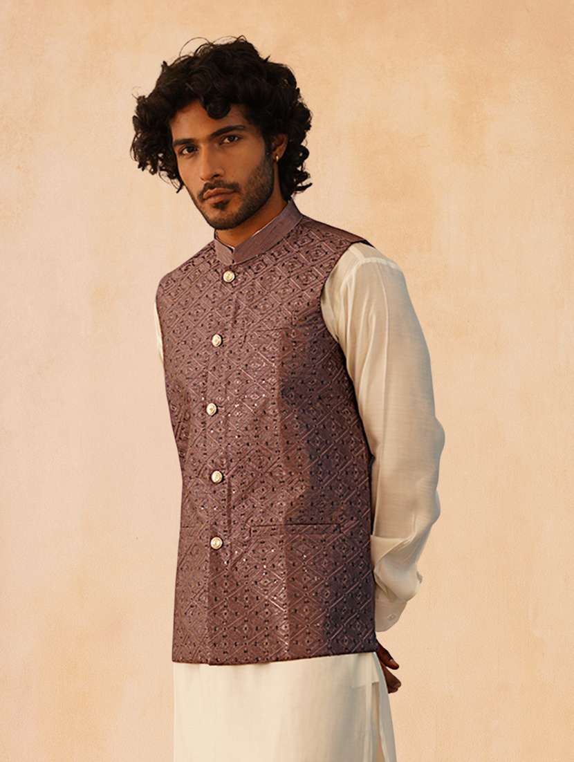men solid with work mandarin neck regular fit nehru jacket - 22224557 -  Standard Image - 2