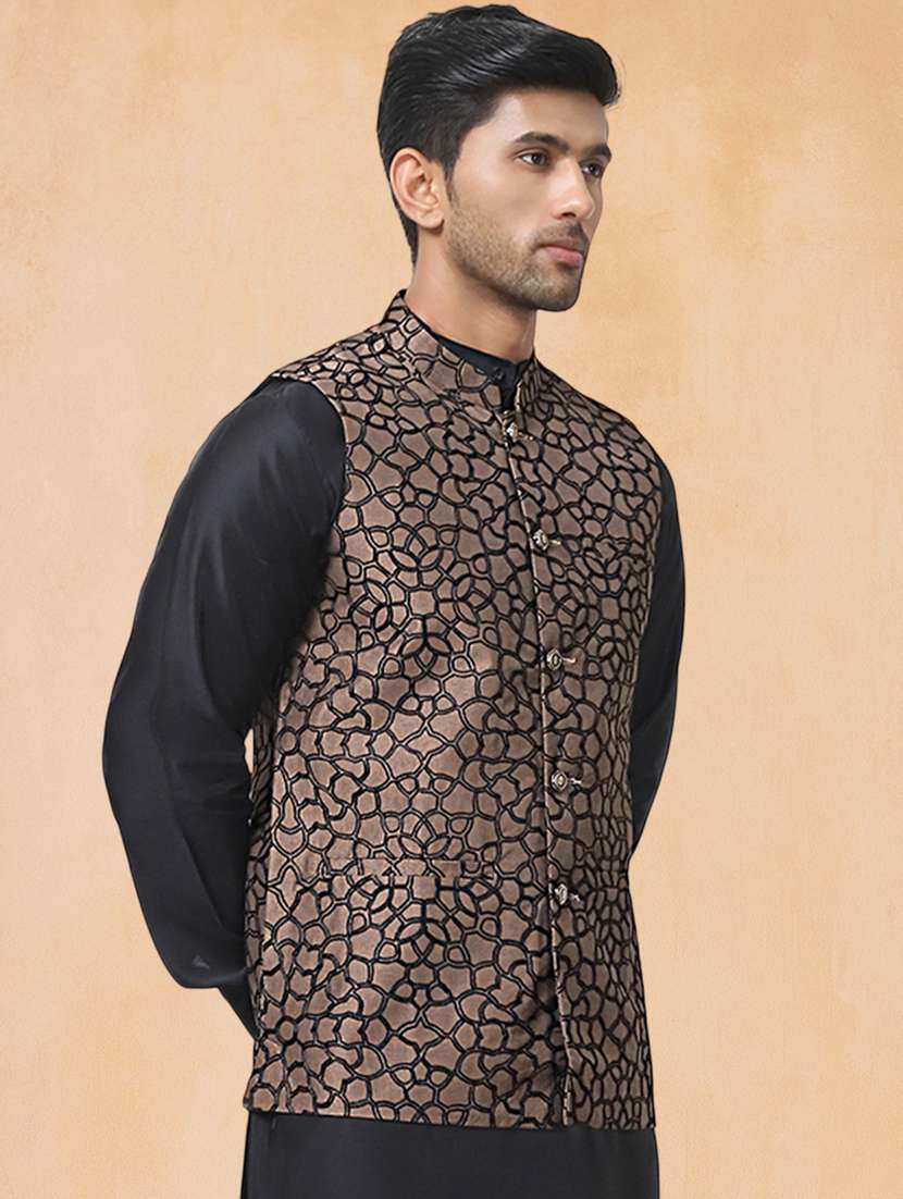 men solid with work mandarin neck regular fit nehru jacket - 22224559 -  Standard Image - 2