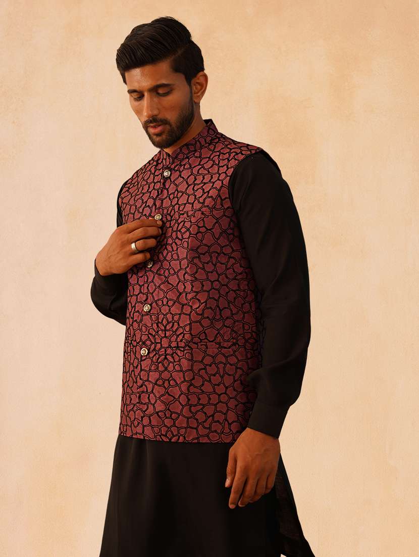 men solid with work mandarin neck regular fit nehru jacket - 22224560 -  Standard Image - 2