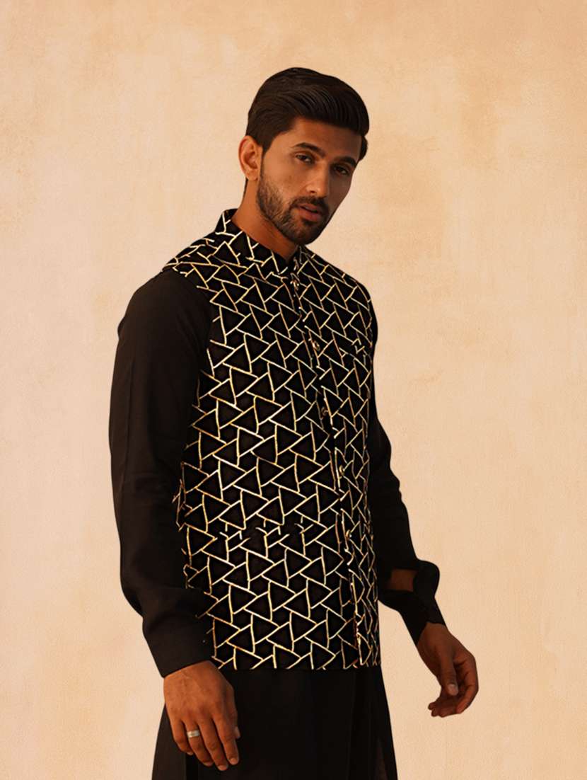 men solid with work mandarin neck regular fit nehru jacket - 22224563 -  Standard Image - 2