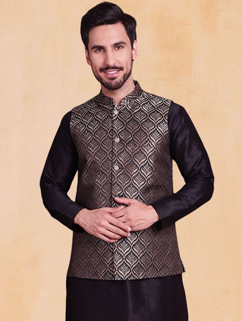 men self design mandarin neck regular fit nehru jacket