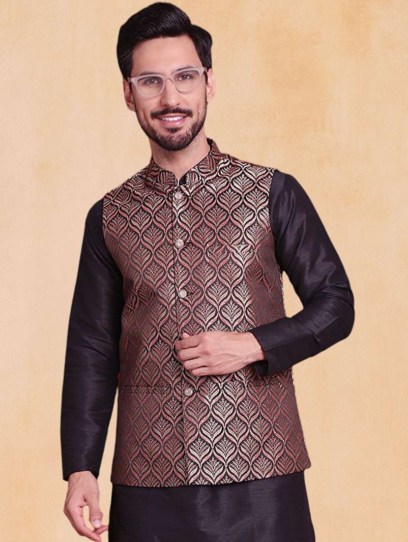 men self design mandarin neck regular fit nehru jacket