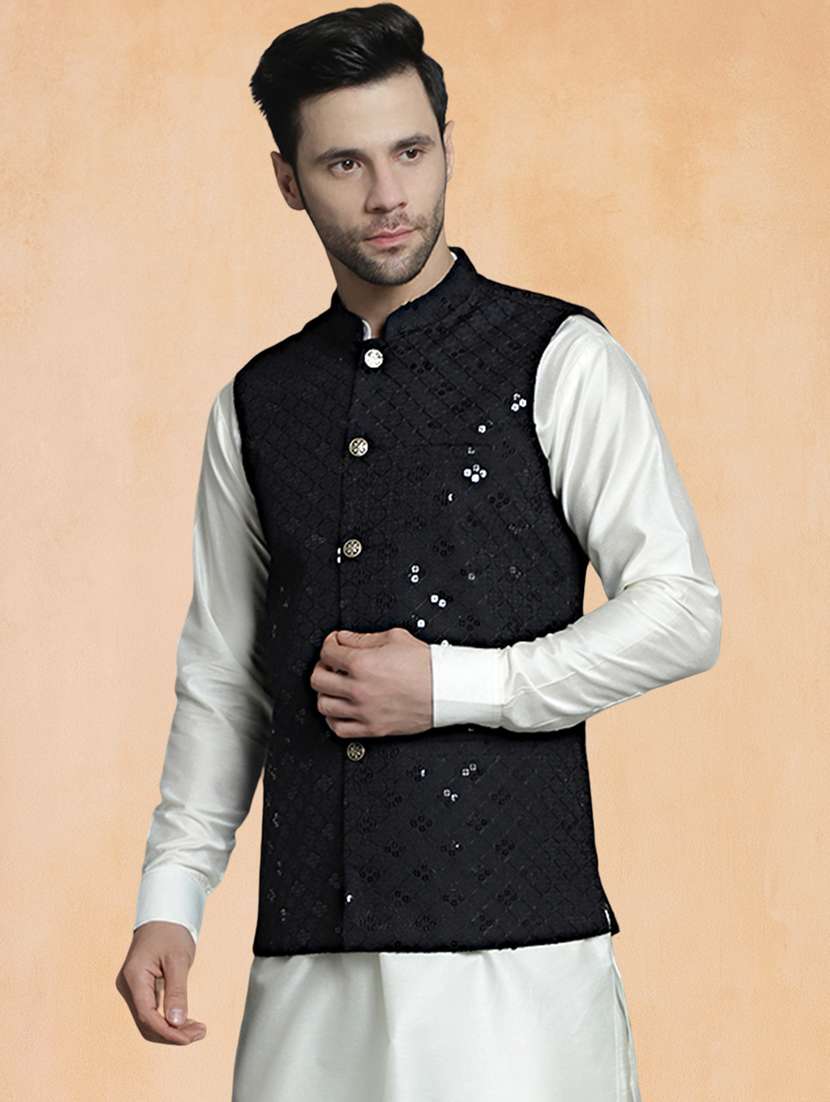 men solid with work mandarin neck regular fit nehru jacket - 22224578 -  Standard Image - 2