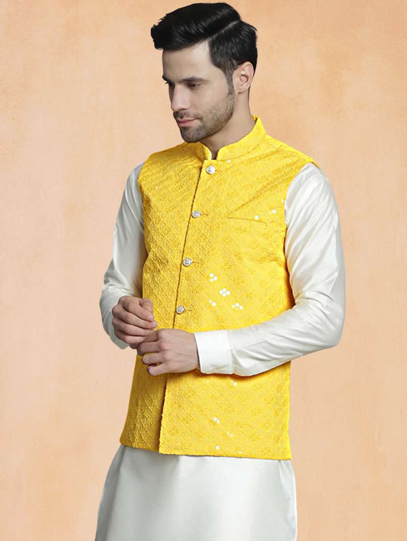 men solid with work mandarin neck regular fit nehru jacket - 22224579 -  Standard Image - 2