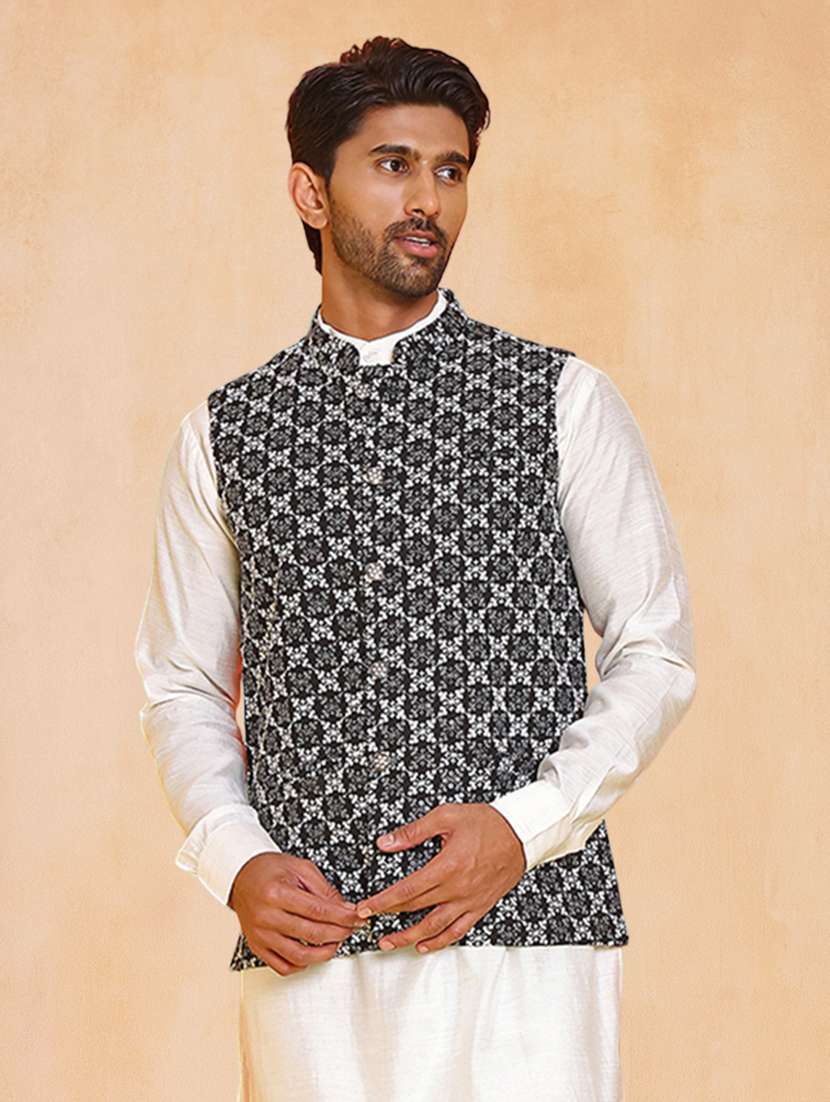 men solid with work mandarin neck regular fit nehru jacket - 22224589 -  Standard Image - 2