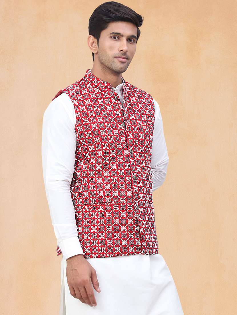 men solid with work mandarin neck regular fit nehru jacket - 22224590 -  Standard Image - 2
