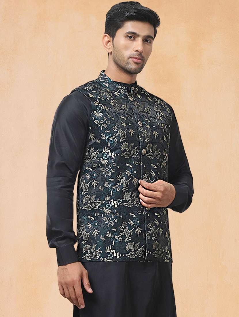 men solid with work mandarin neck regular fit nehru jacket - 22224596 -  Standard Image - 2