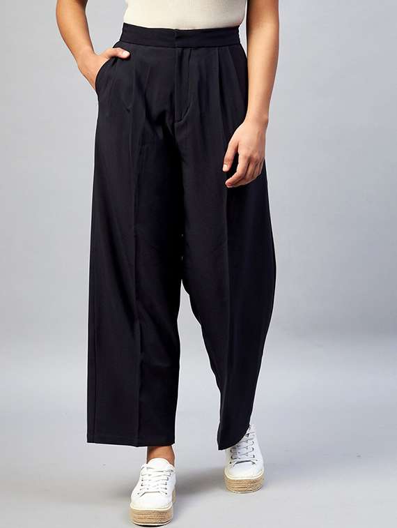 women solid high rise wide leg trouser
