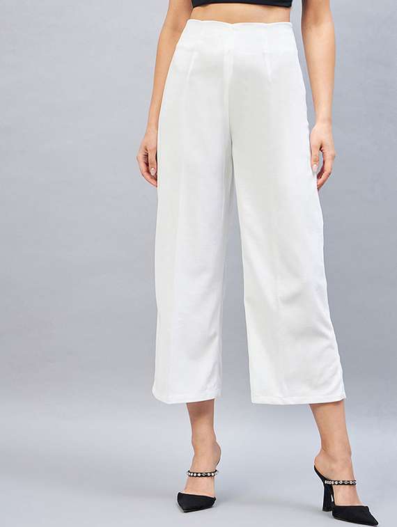 women solid high rise wide leg trouser