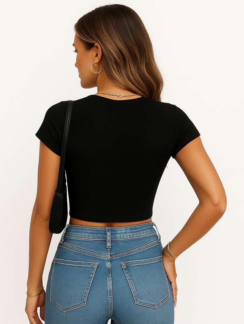 women solid short sleeve crop top - 22224717 -  Standard Image - 2