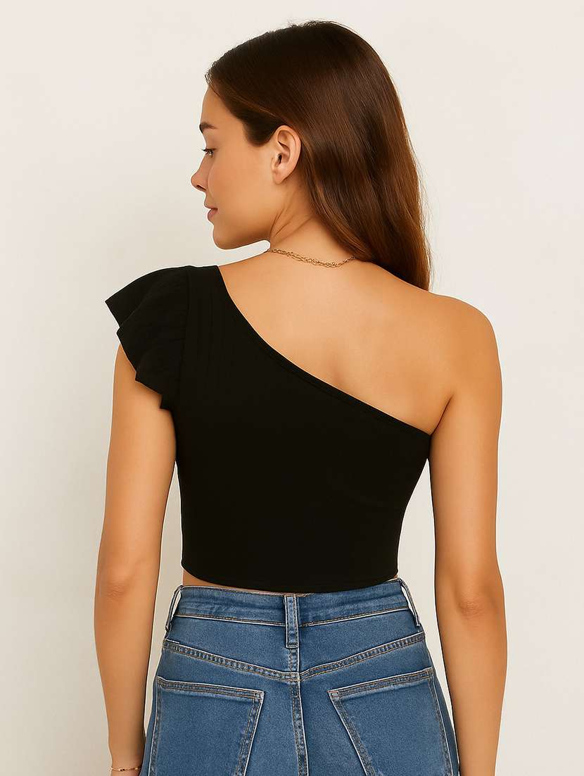 women solid single shoulder crop top - 22224724 -  Standard Image - 2