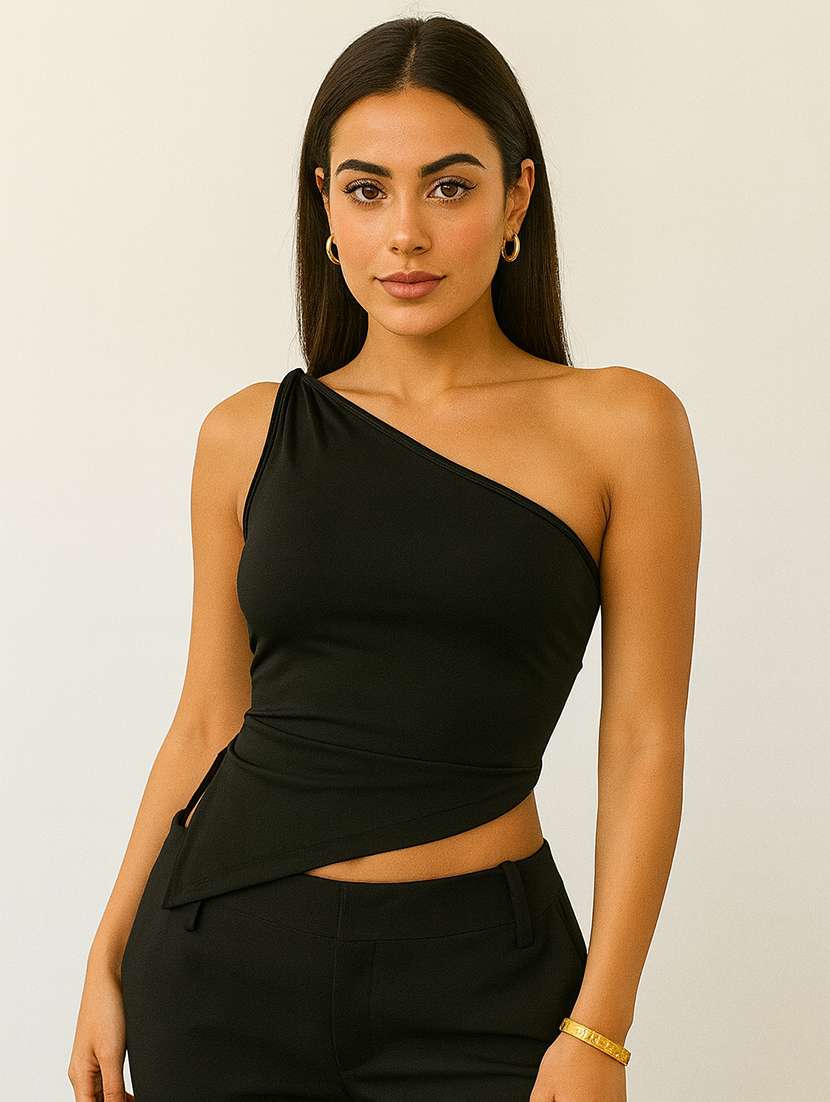 women solid single shoulder asymmetric top - 22224728 -  Standard Image - 2