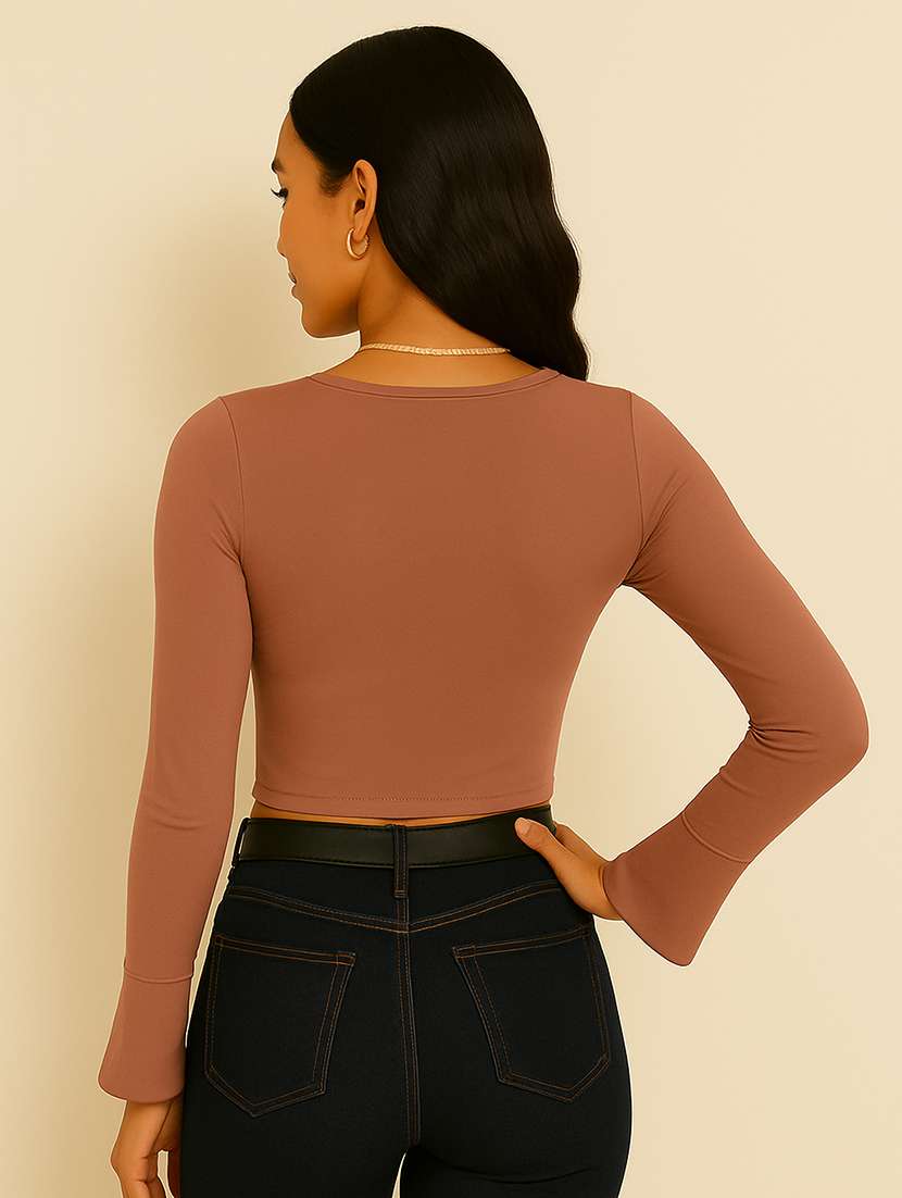 women solid bell sleeve crop top - 22224731 -  Standard Image - 2