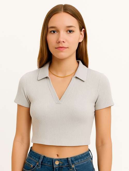 women solid short sleeve collared crop top - 22224733 -  Standard Image - 0