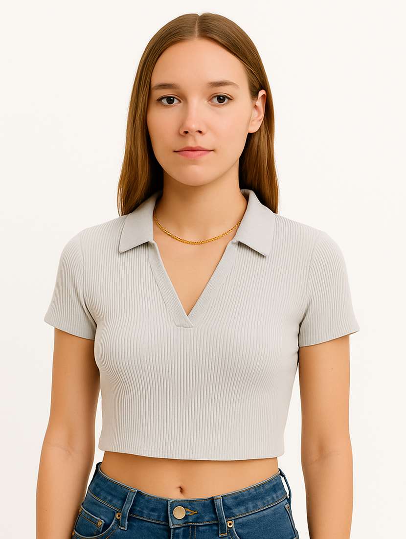 women solid short sleeve collared crop top
