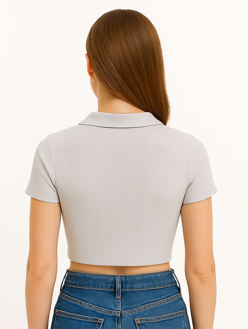 women solid short sleeve collared crop top - 22224733 -  Standard Image - 2