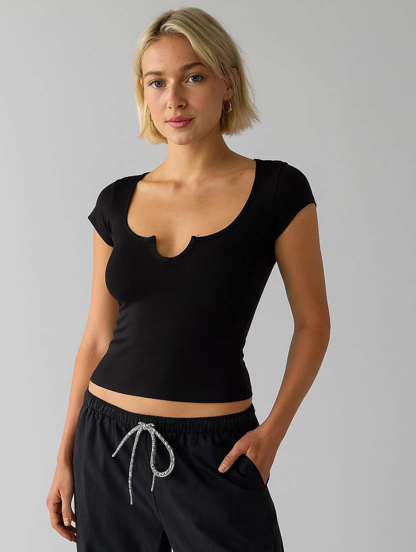women black solid short sleeve crop top - 22224734 -  Standard Image - 2
