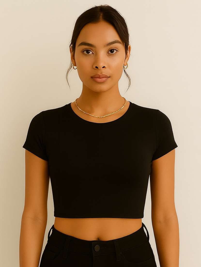 women black solid short sleeve crop top