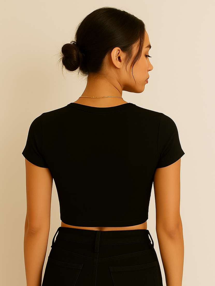 women black solid short sleeve crop top - 22224735 -  Standard Image - 2