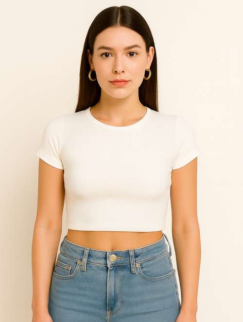 women white solid short sleeve crop top - 22224736 -  Standard Image - 0
