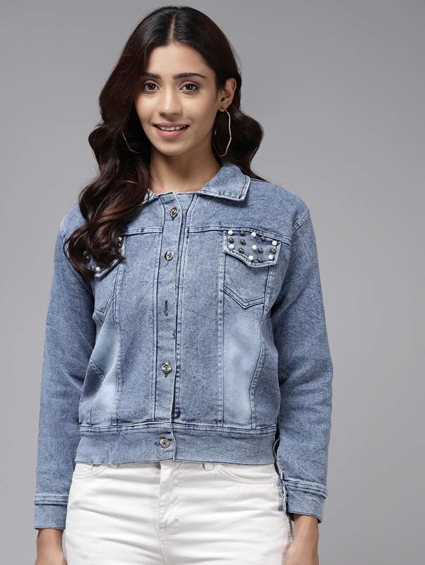 women solid with work long sleeve denim jacket