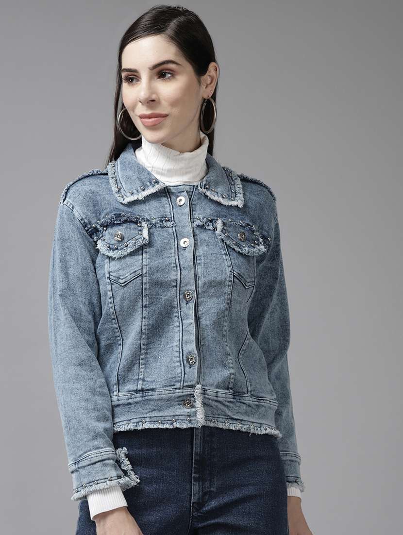 women solid with work long sleeve denim jacket