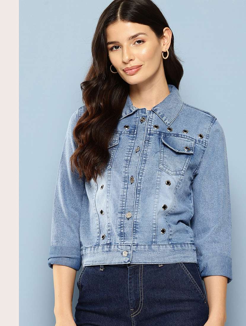 women solid long sleeve denim jacket