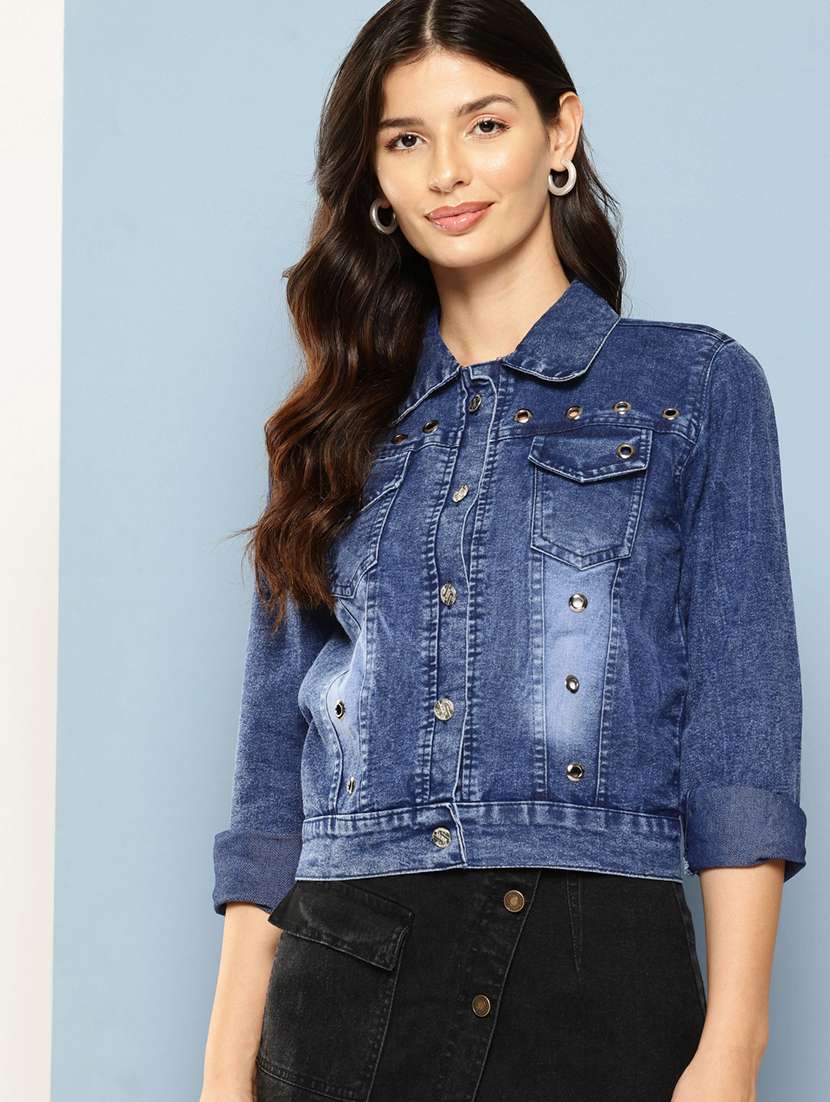 women solid long sleeve denim jacket